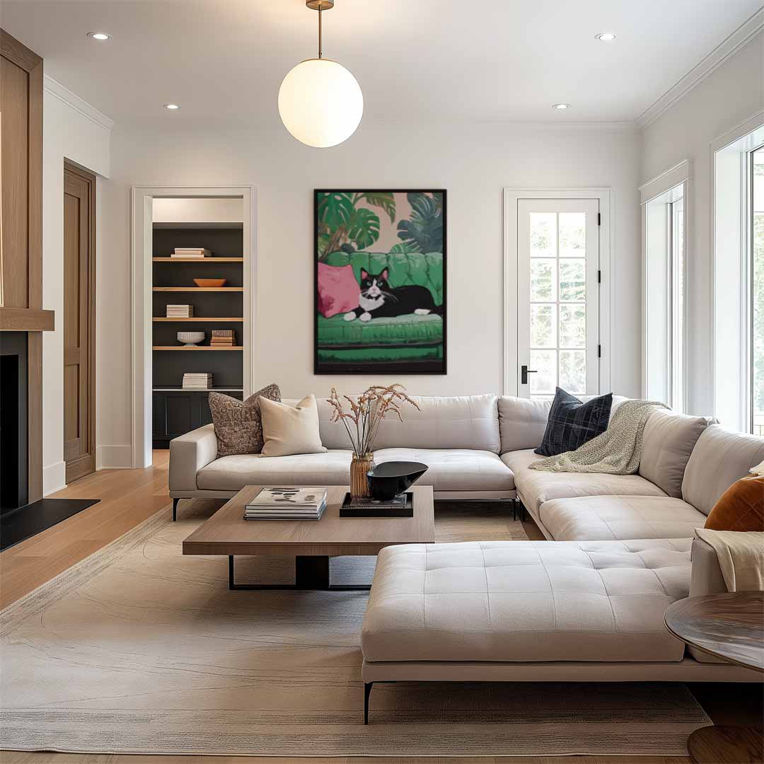 Kunstwerk: Katze auf grüner Bank