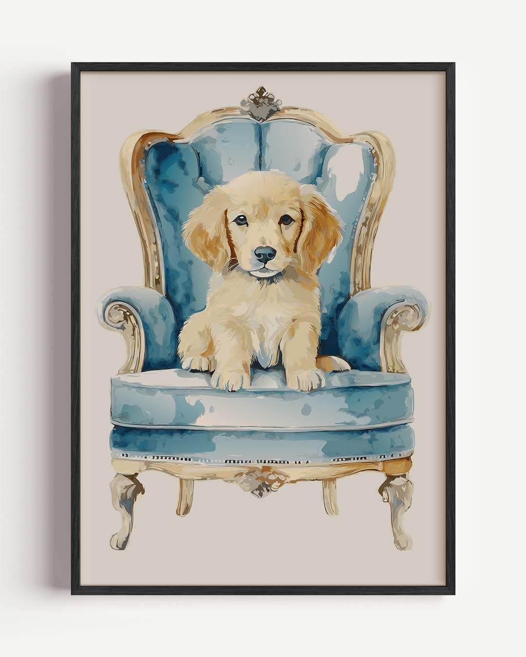 Puppy op Blauwe Troon Poster-WallArtistic