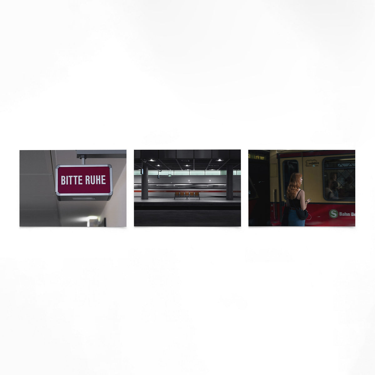 Productfoto van drie liggende posters met stilte op het perron – Gerald Emming