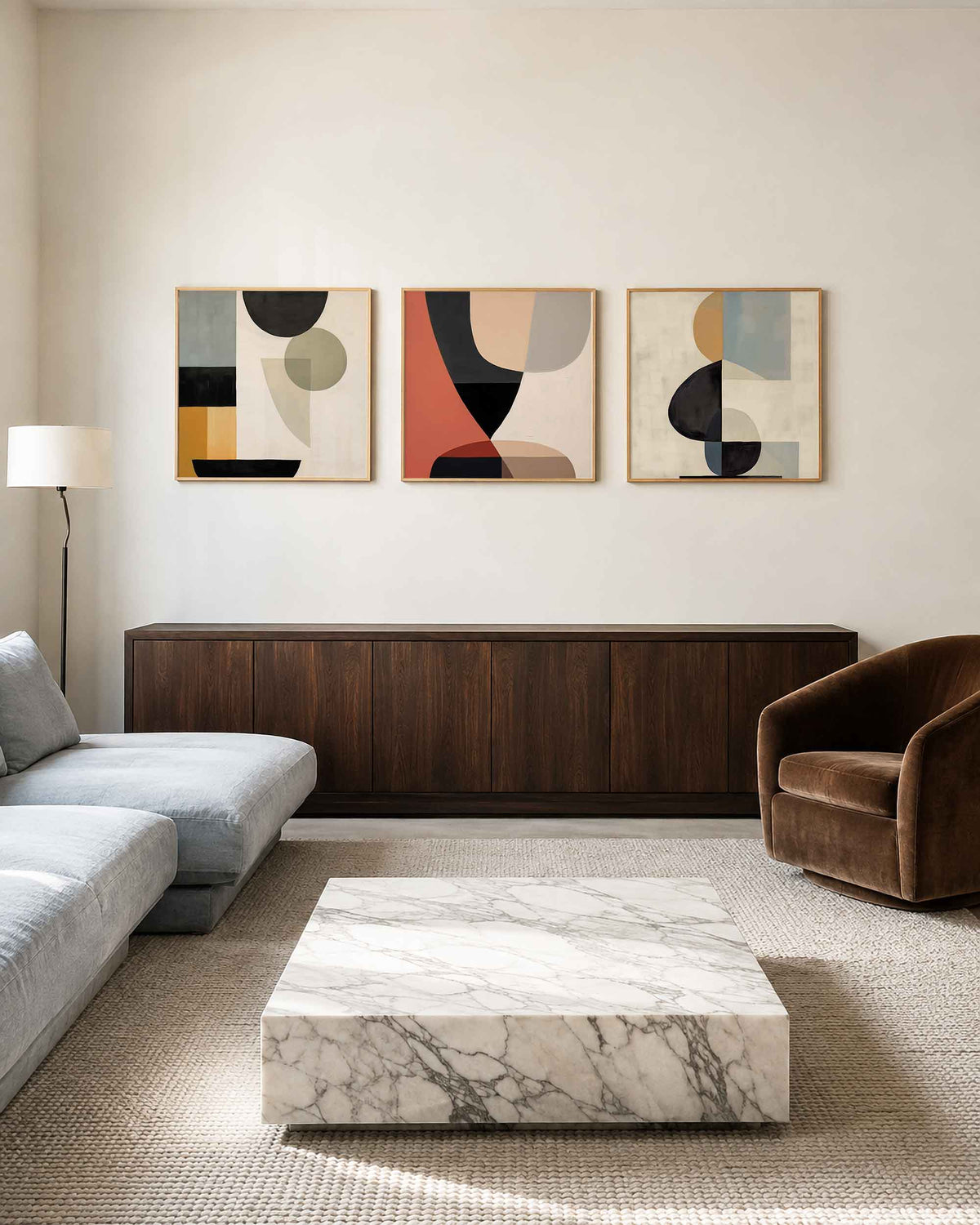 Interieurpresentatie van een driedelige vierkante posterset met abstracte vormen