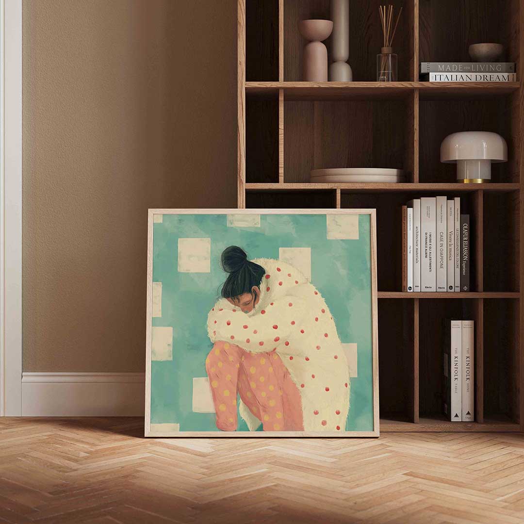 Vrouw in stippenjas Poster