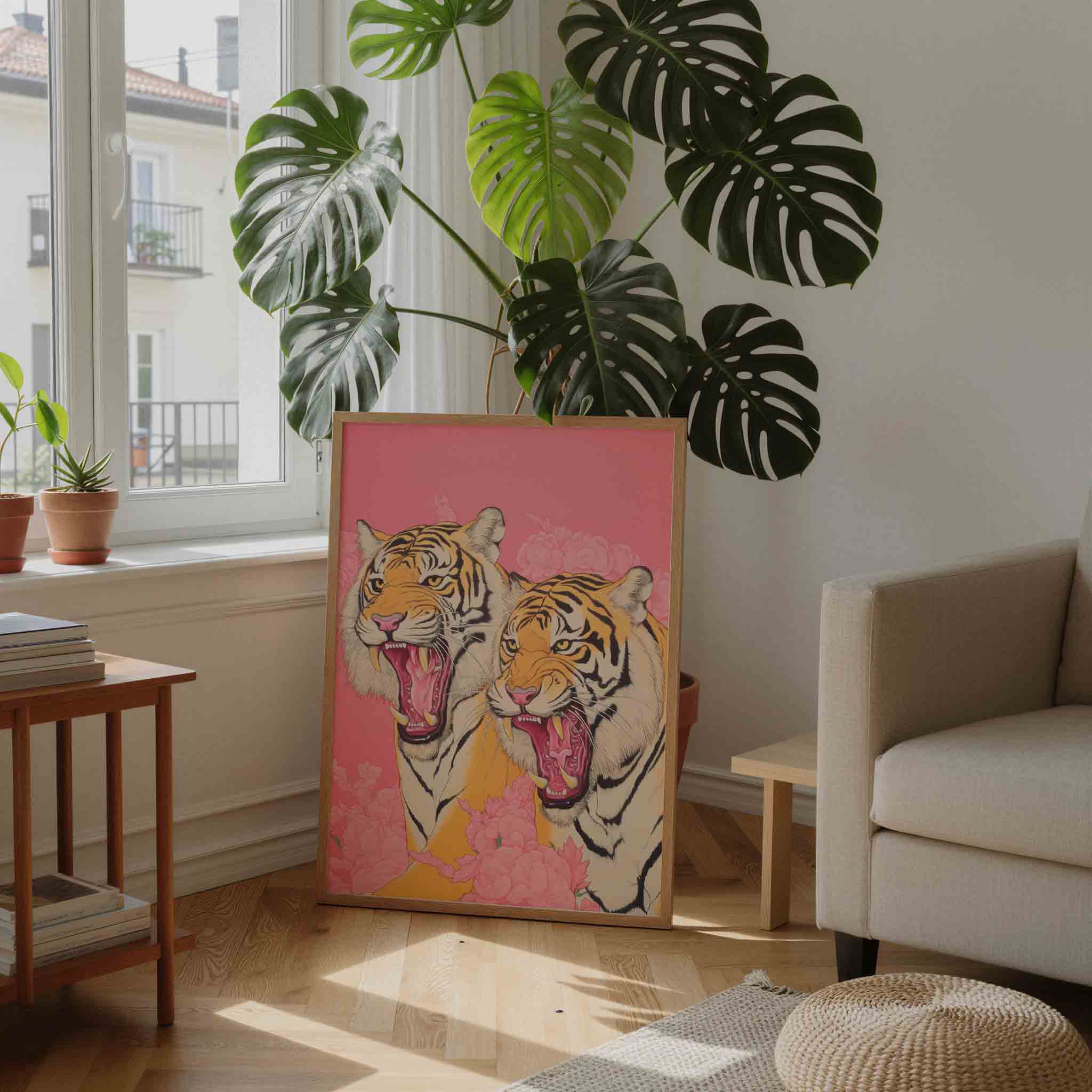 Twee tijgers met bloemen Poster