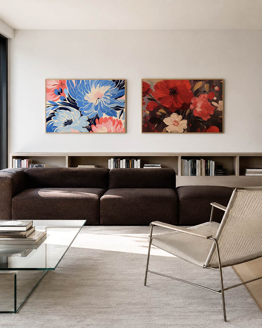 Tweedelige posterset met grote, overlappende bloemvormen in blauw, roze en wit, getoond in een interieur