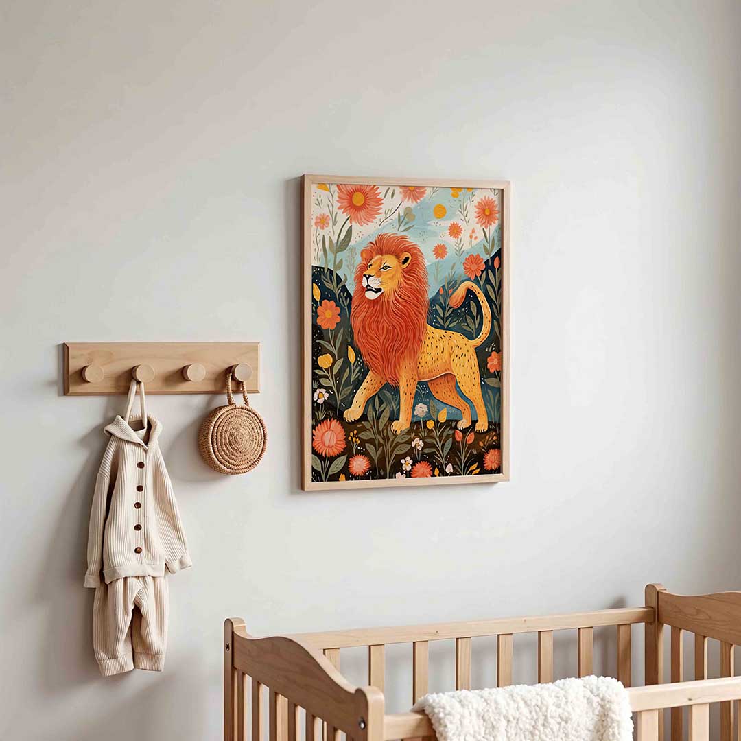 Leeuw tussen bloemen Poster