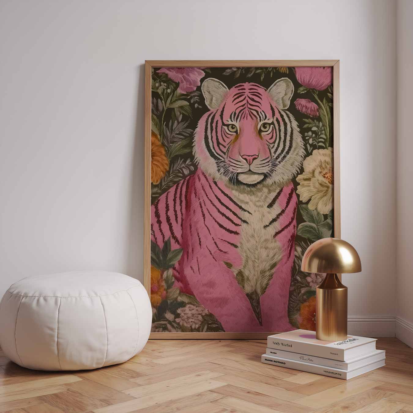 Roze Tijger en Bloemen Poster-WallArtistic