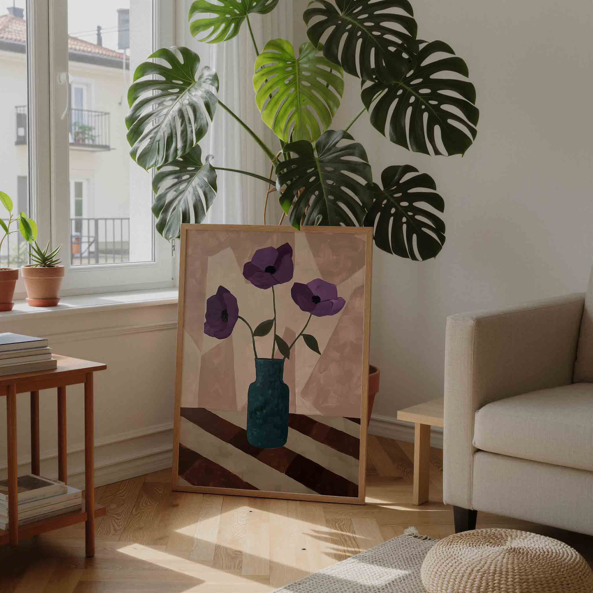 Paarse bloemen in vaas Poster