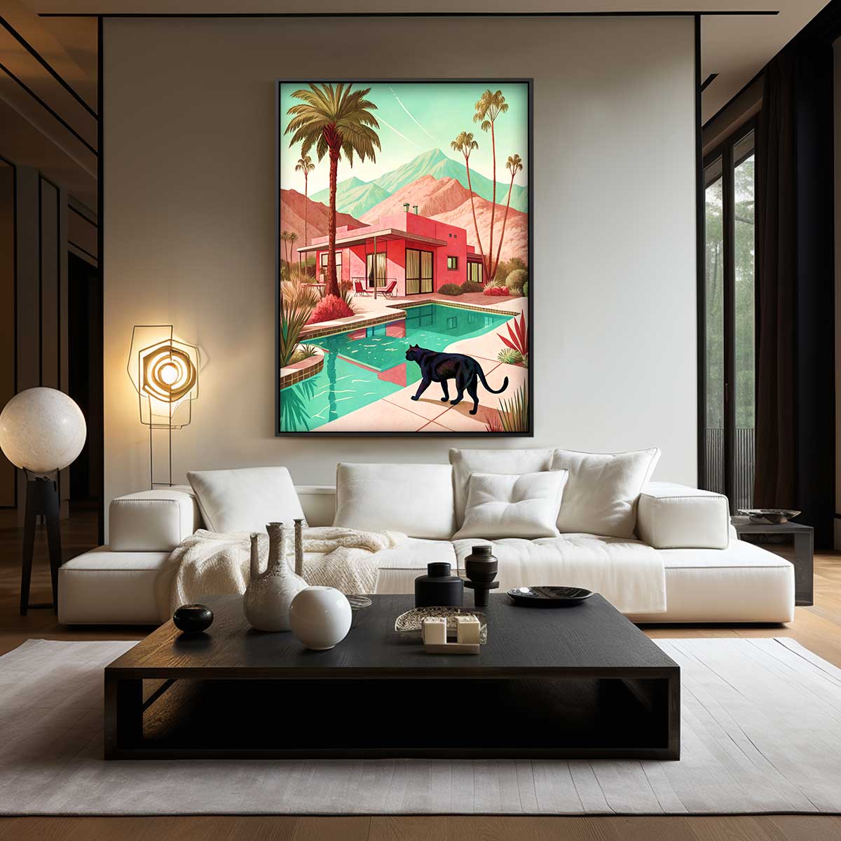 Modernes Traumhaus mit Kunstwerk einer schwarzen Katze
