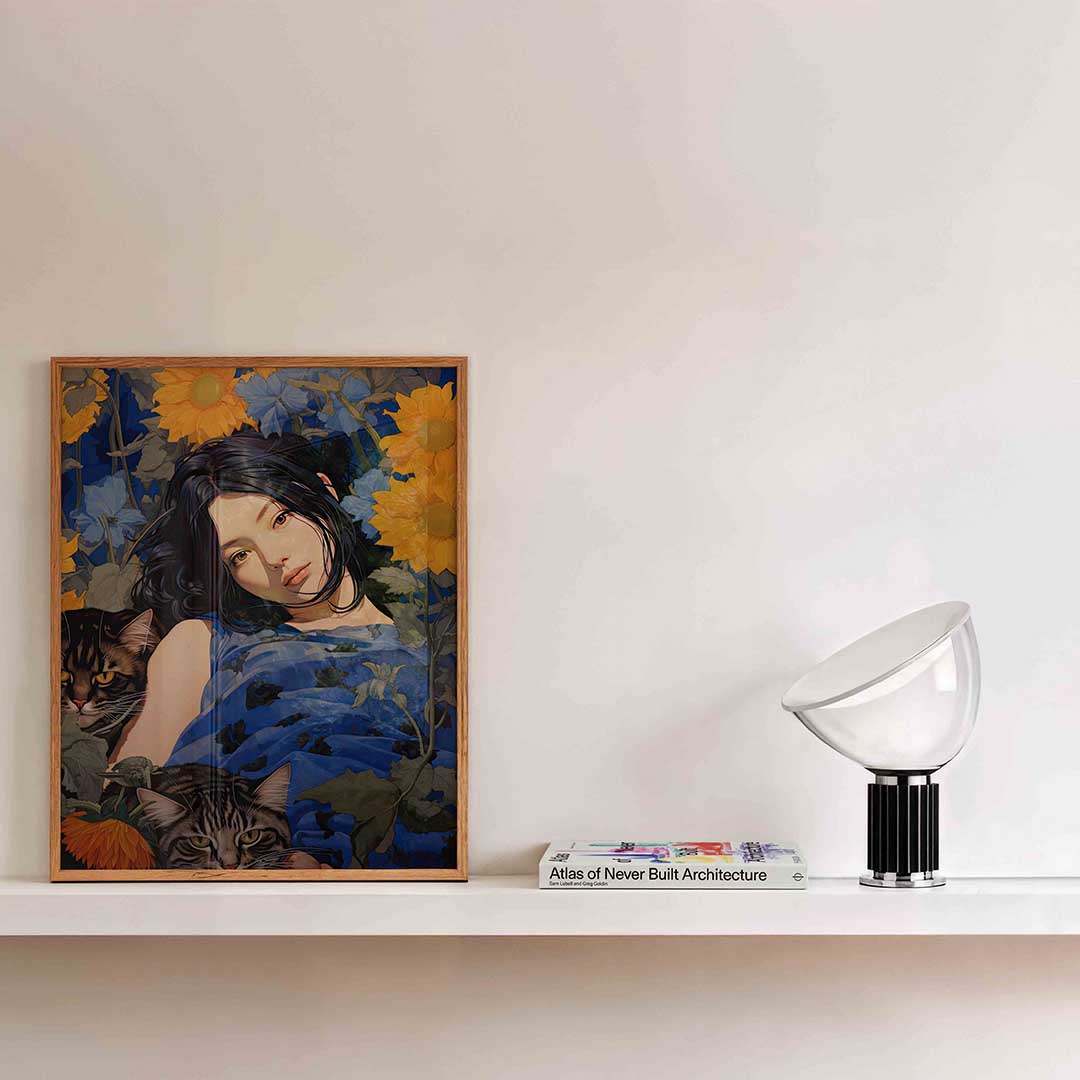 Vrouw met katten en zonnebloemen Poster