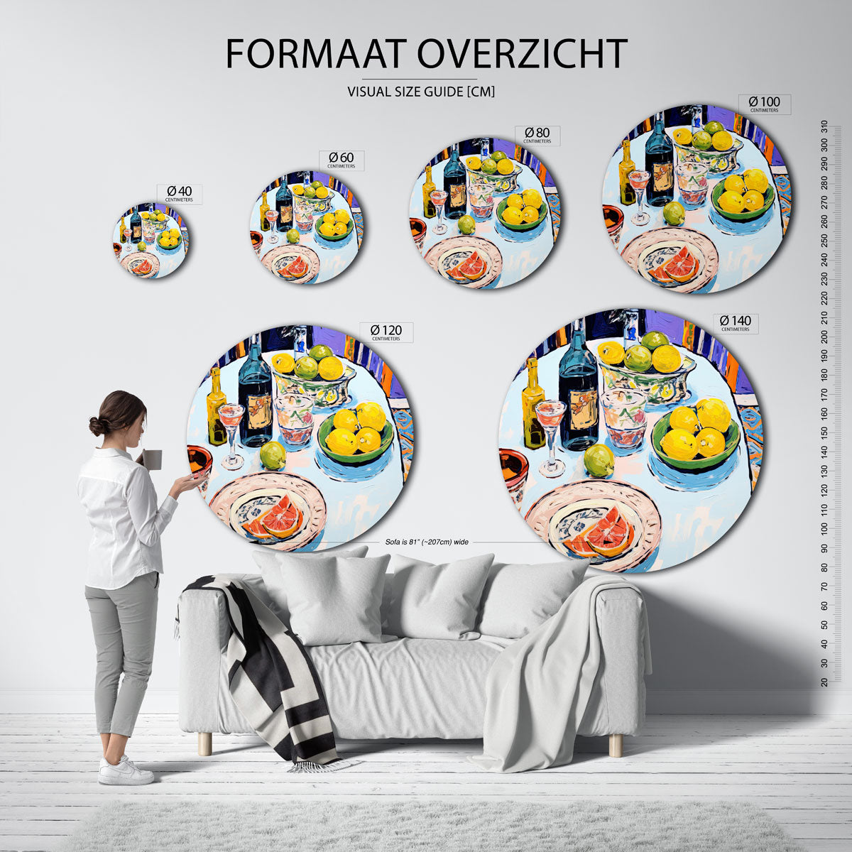 Citrus en flessen op tafel Muurcirkel