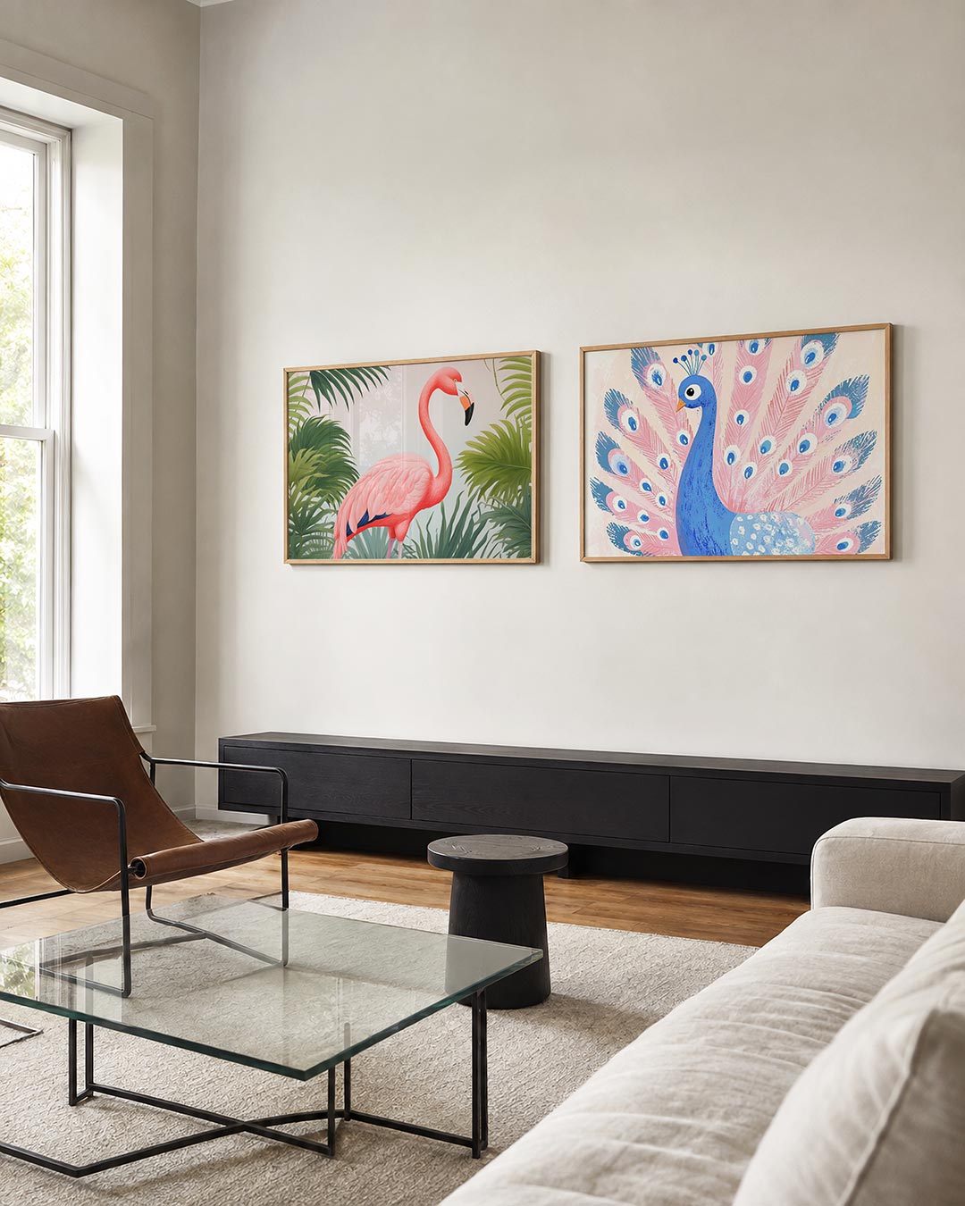 Interieurbeeld met twee liggende posters: een roze flamingo omringd door groene palmbladeren