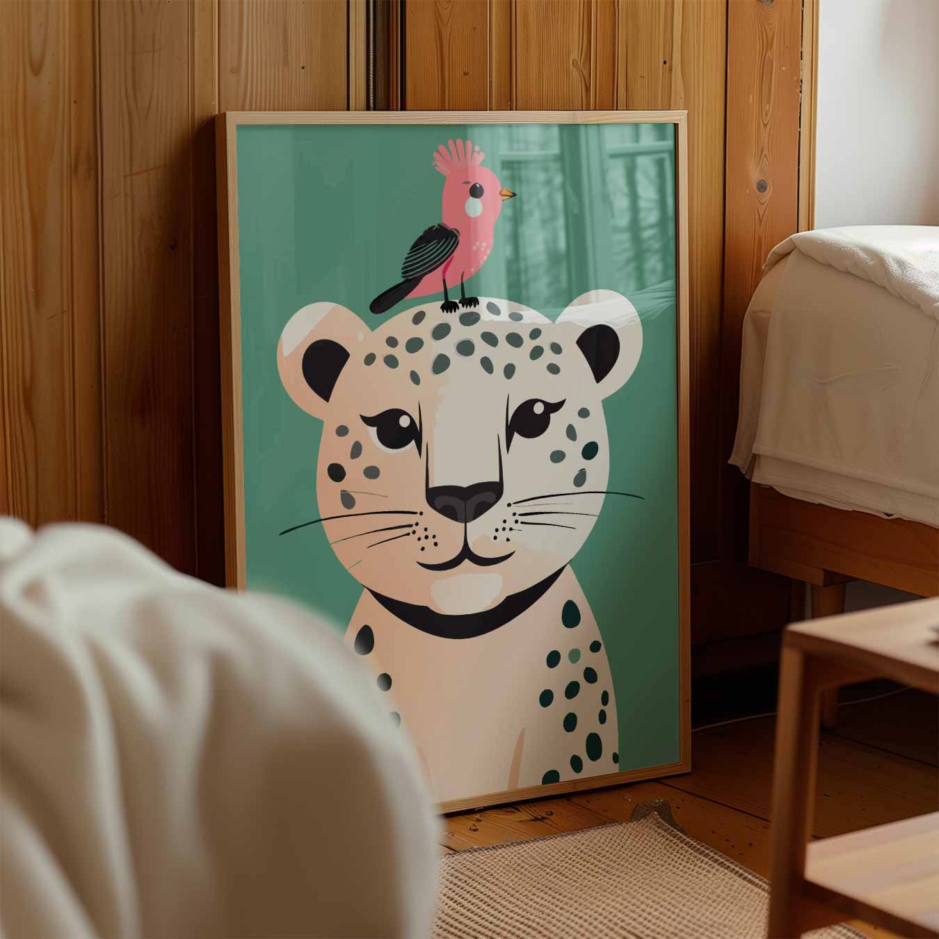 Vrolijke Luipaard en Vogel Poster-WallArtistic