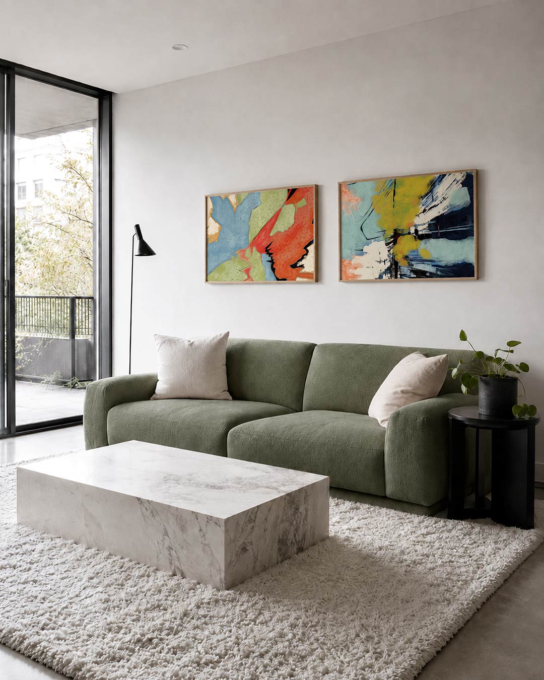 Twee liggende posters met een dynamische mix van blauw, groen en rood, aan de muur in een interieur