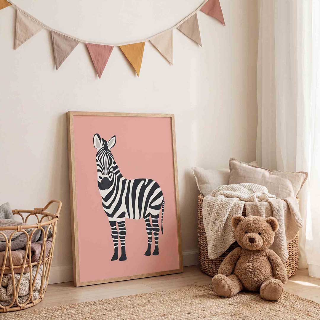 Zebra op roze achtergrond Poster