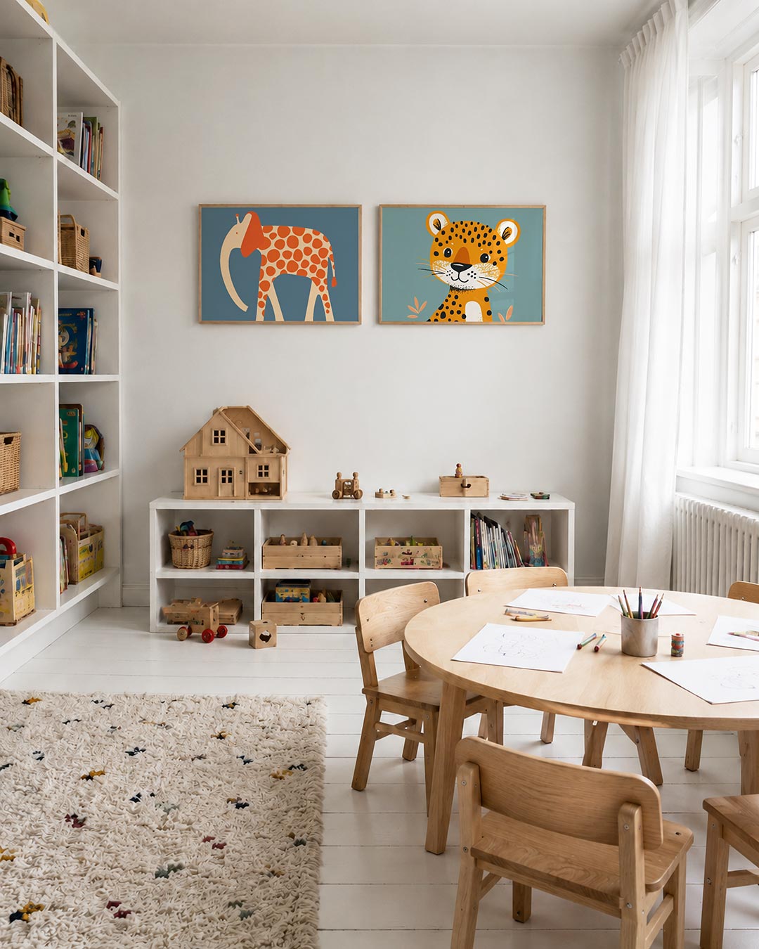 Tweedelige posterset met een speelse olifant met oranje stippen op een beige lichaam, getoond in een interieur