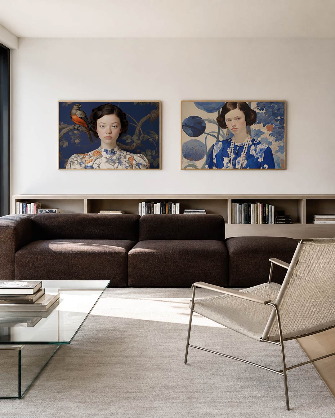 Tweedelige posterset met donkere tinten en een rustige visuele opbouw, getoond in een interieur