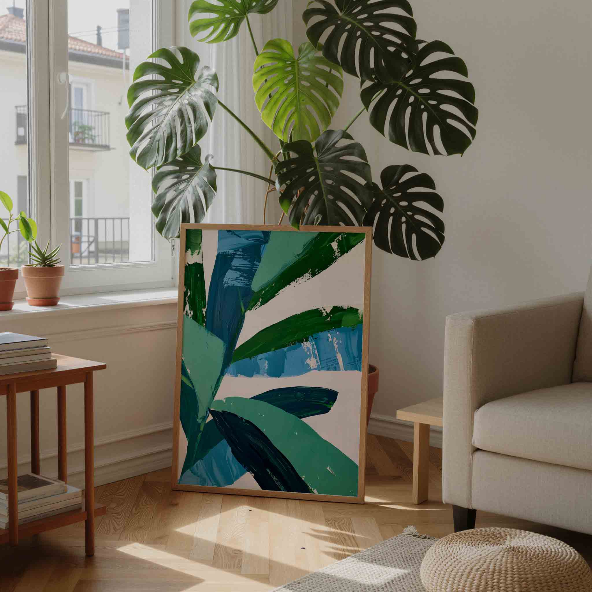 Bladmotief in blauw en groen Poster
