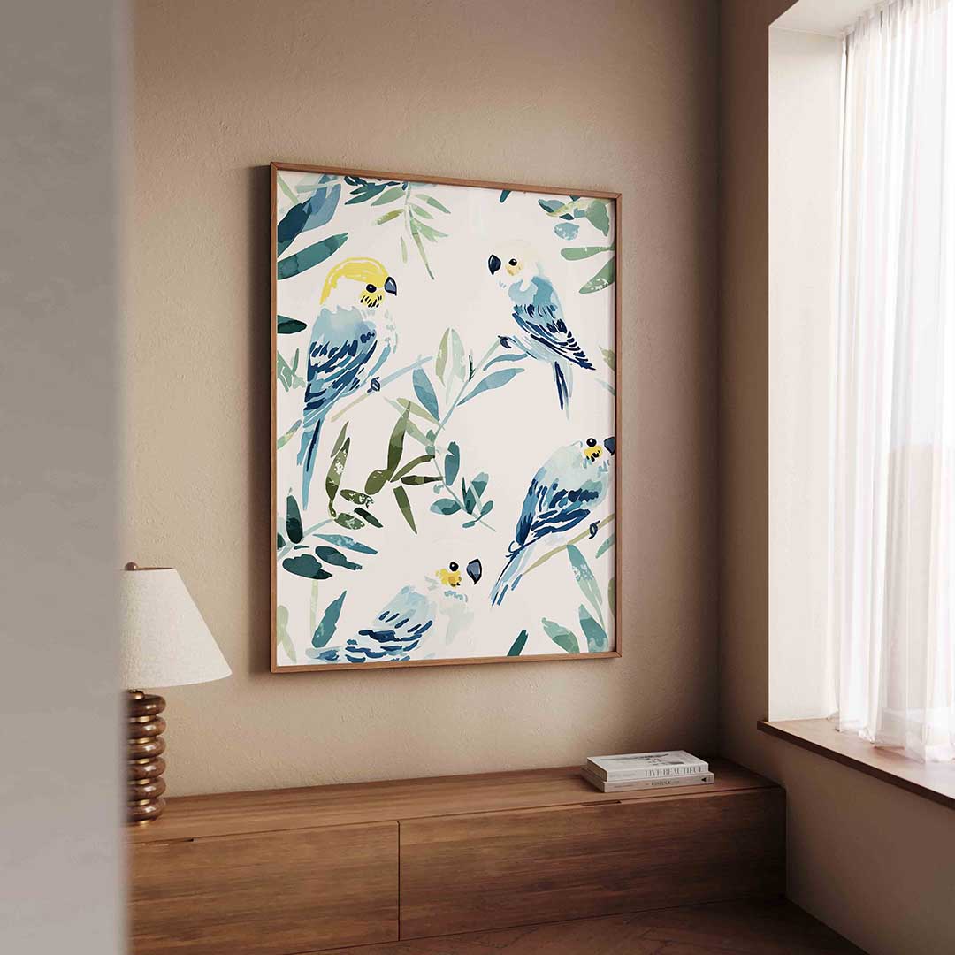 Papegaaien en bladeren Poster