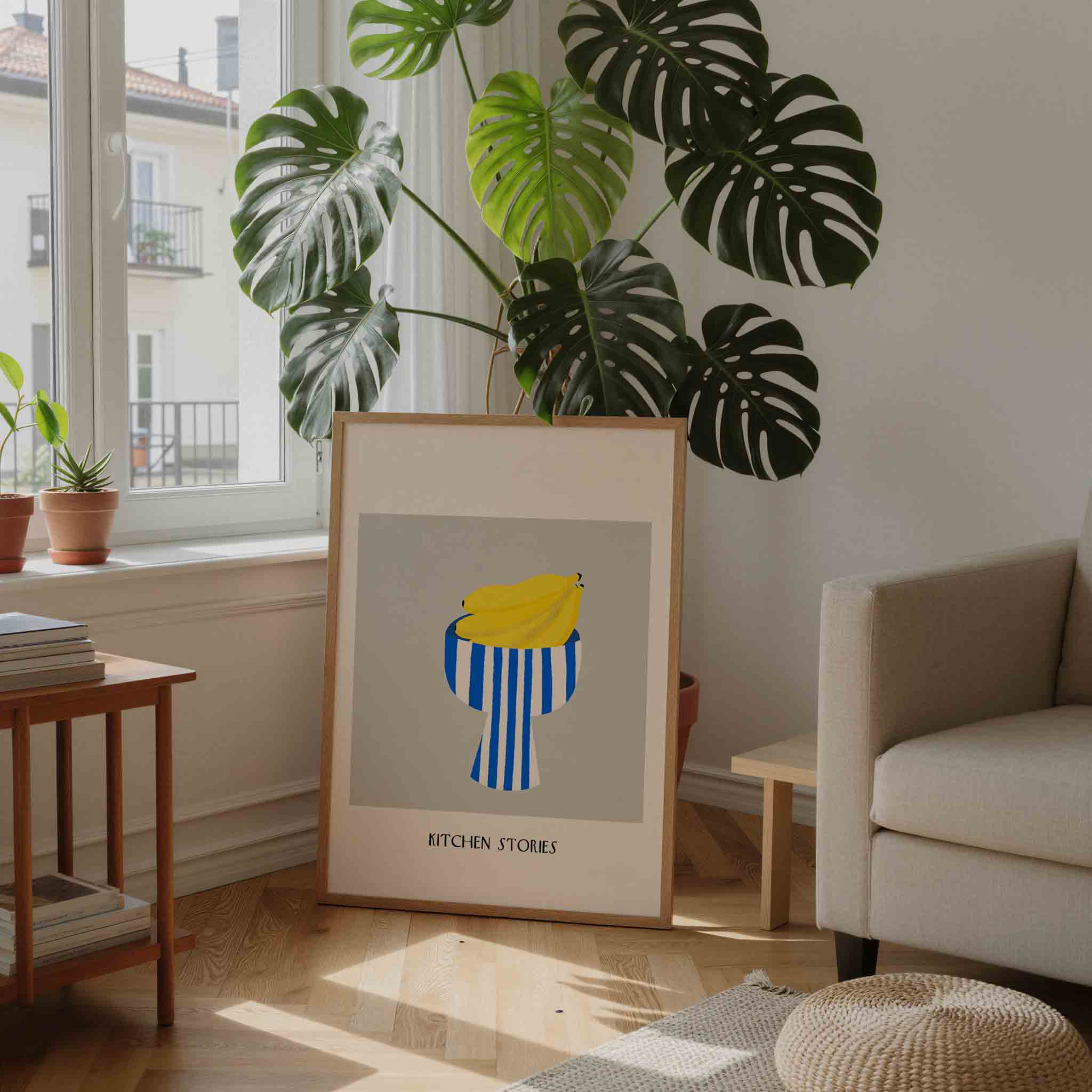 Bananen in gestreepte schaal Poster