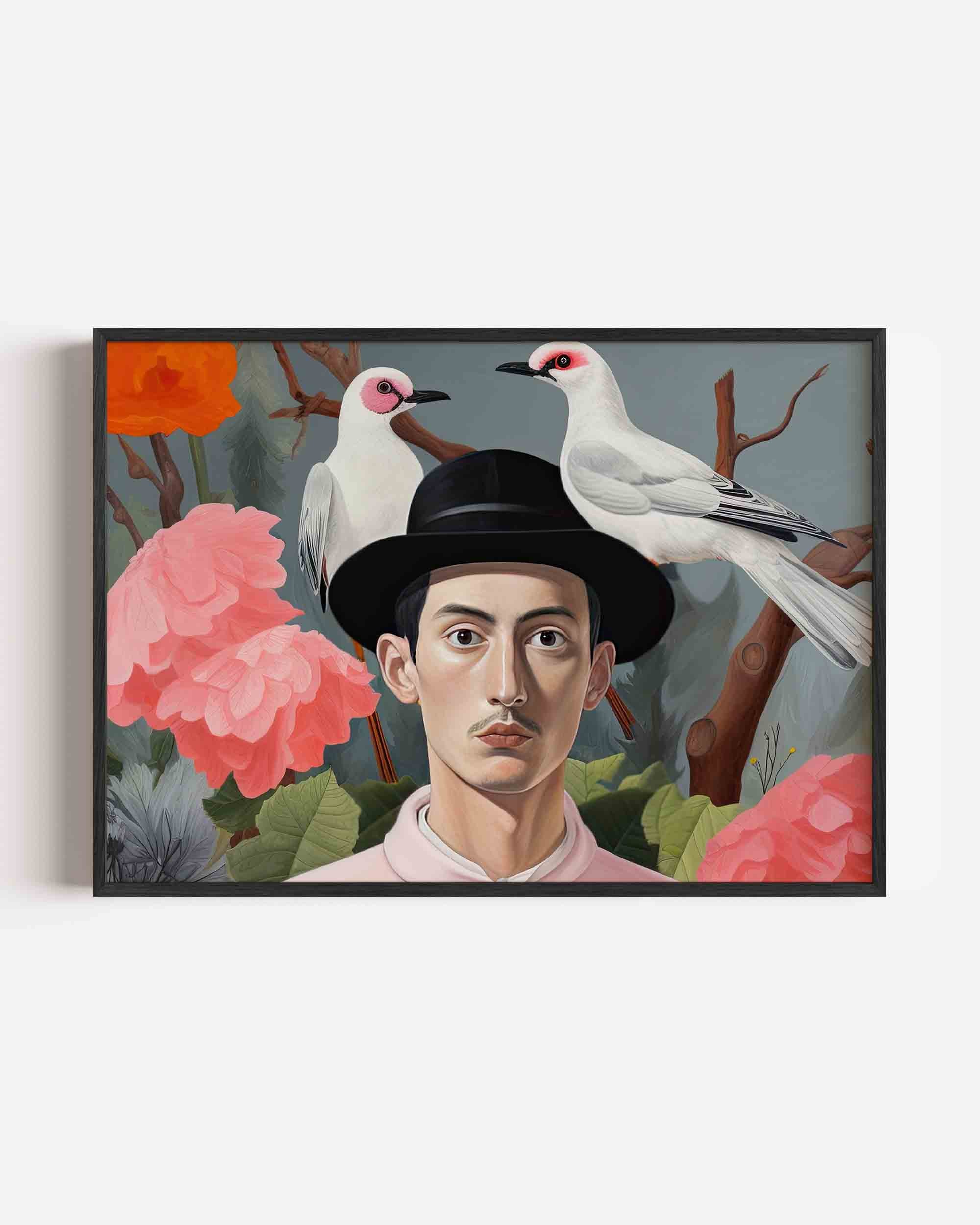 Man met hoed en vogels Poster
