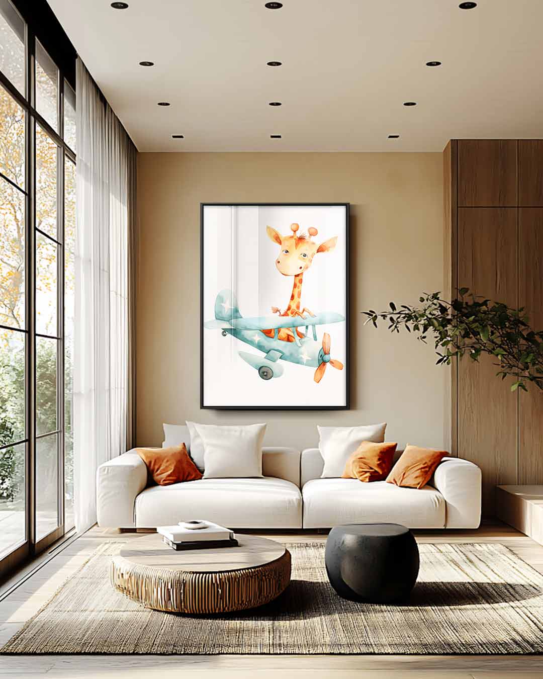 Vrolijke Giraf in Vliegtuig Kunstwerk-canvas-dibond-plexiglas-wanddecoratie-WallArtistic