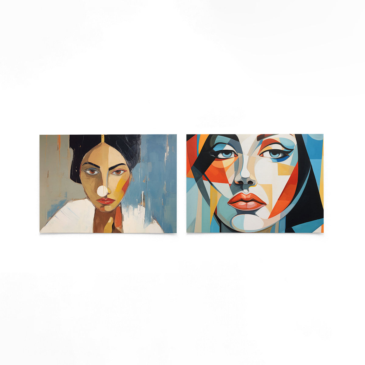 Twee liggende posters met een portret met gedurfde kleurvlakken en expressieve lijnen op een gebroken witte achtergrond