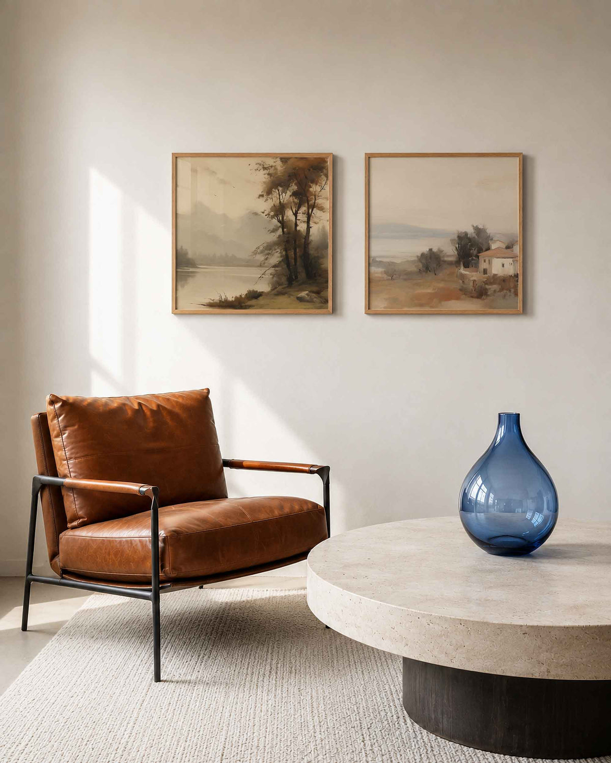 Interieurpresentatie van een tweedelige vierkante posterset met bergmeer en kustdorp