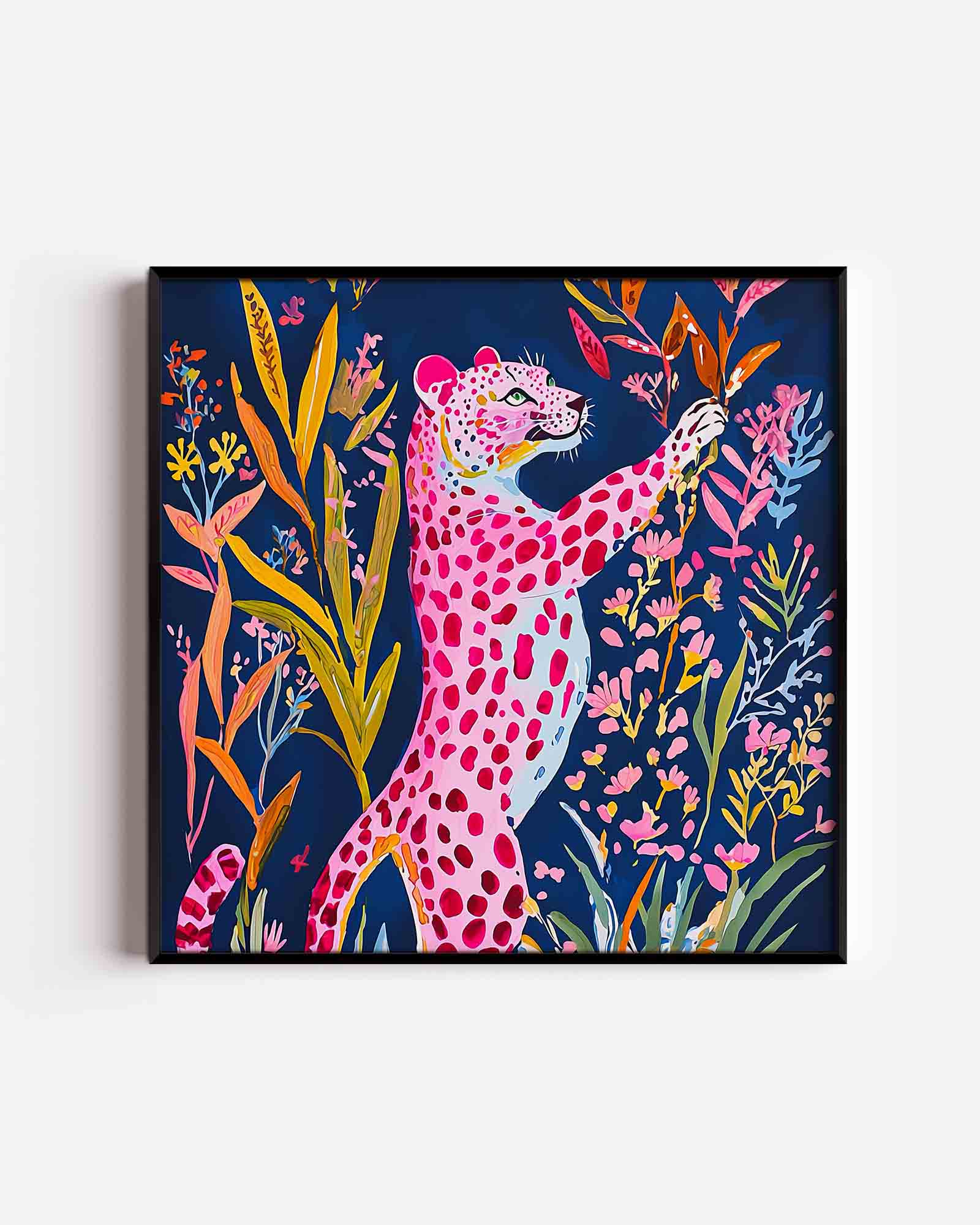 Roze luipaard met bloemen Poster