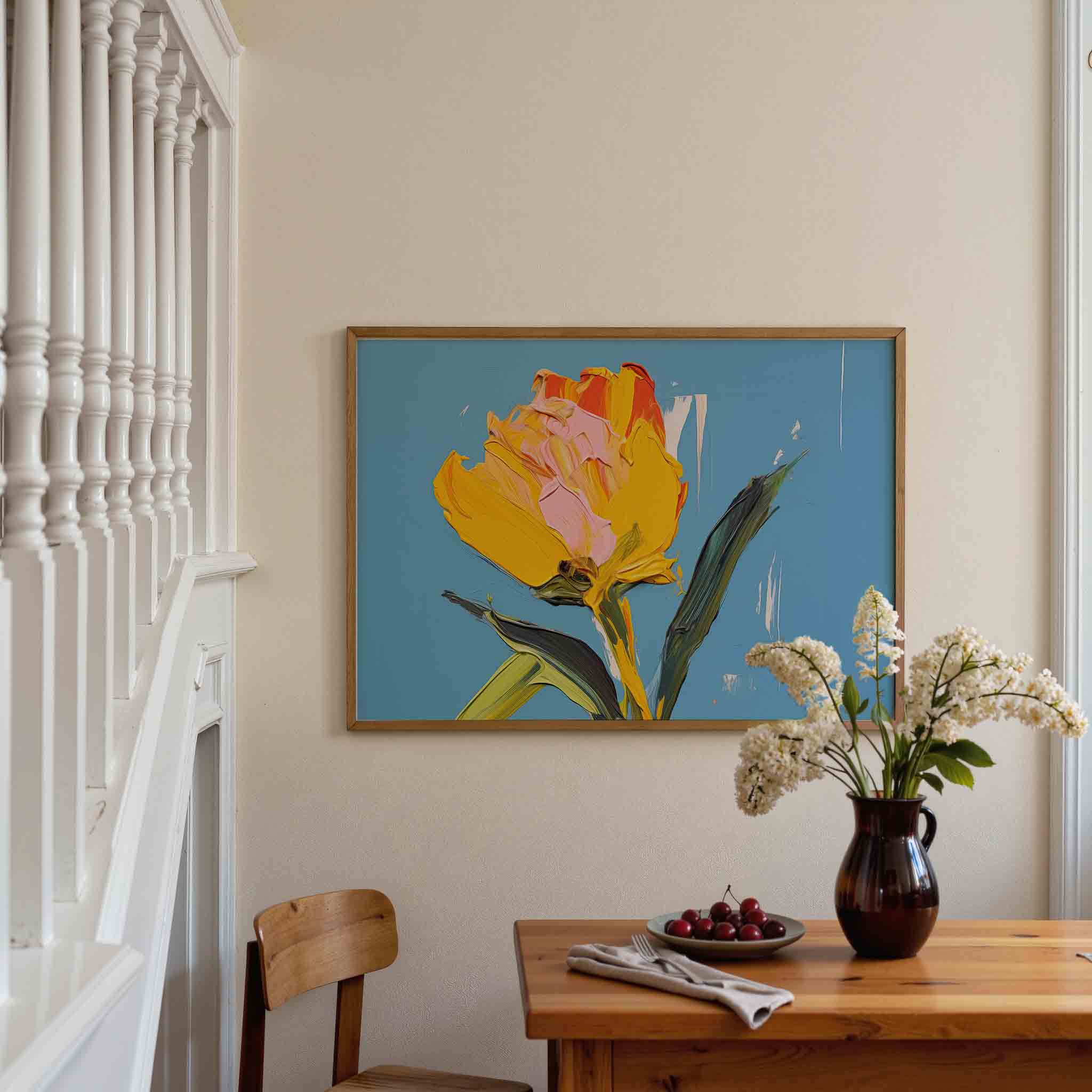 Tulp op blauwe achtergrond Poster
