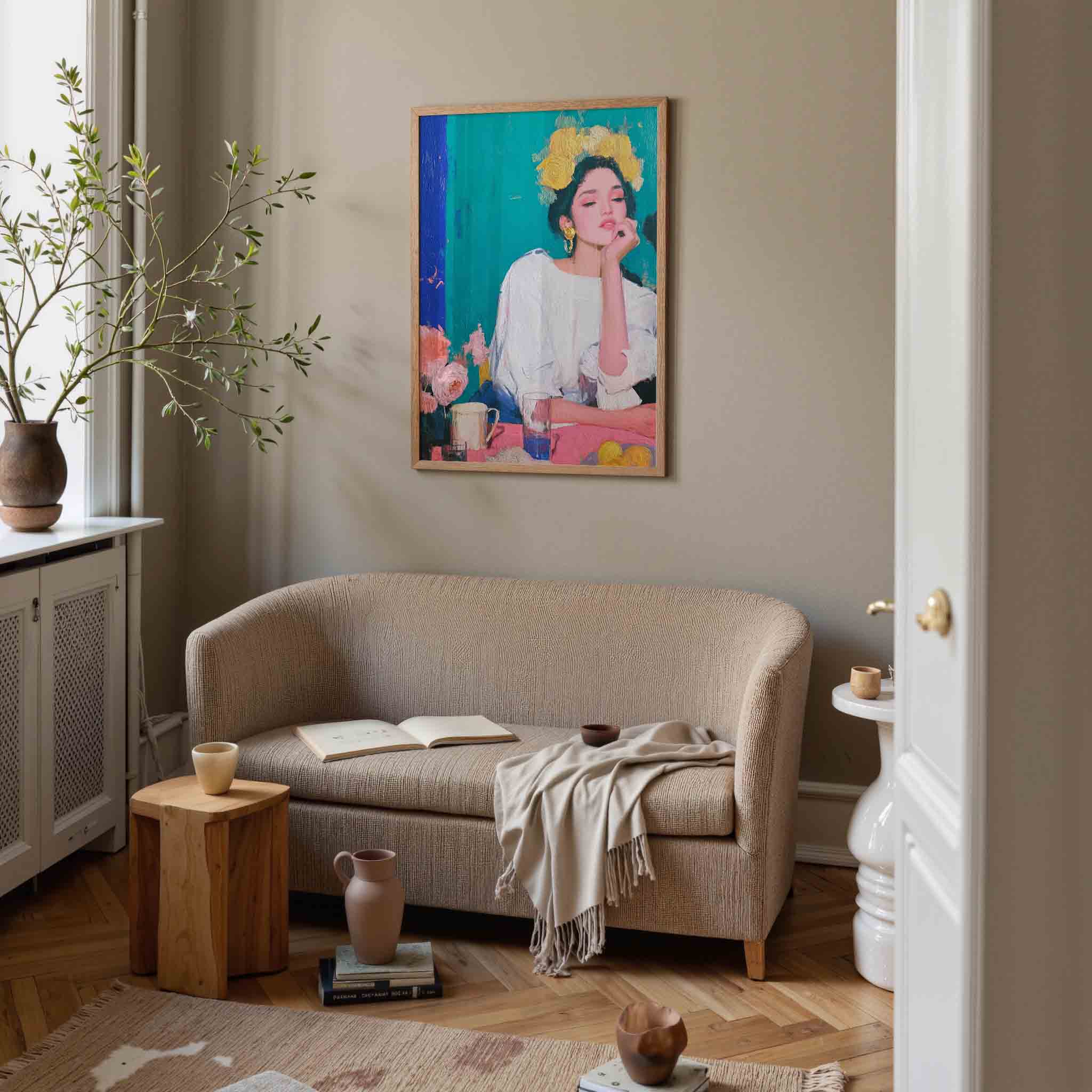 Vrouw met bloemenkrans Poster