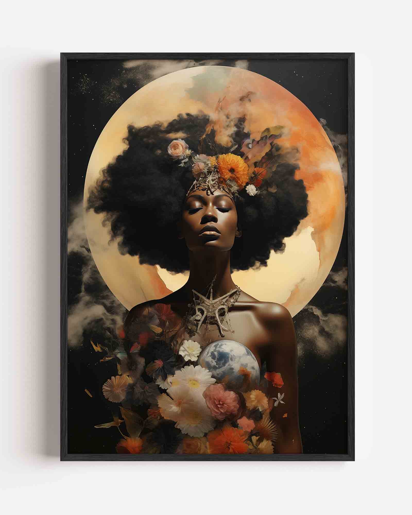 Vrouw met bloemen en maan Poster