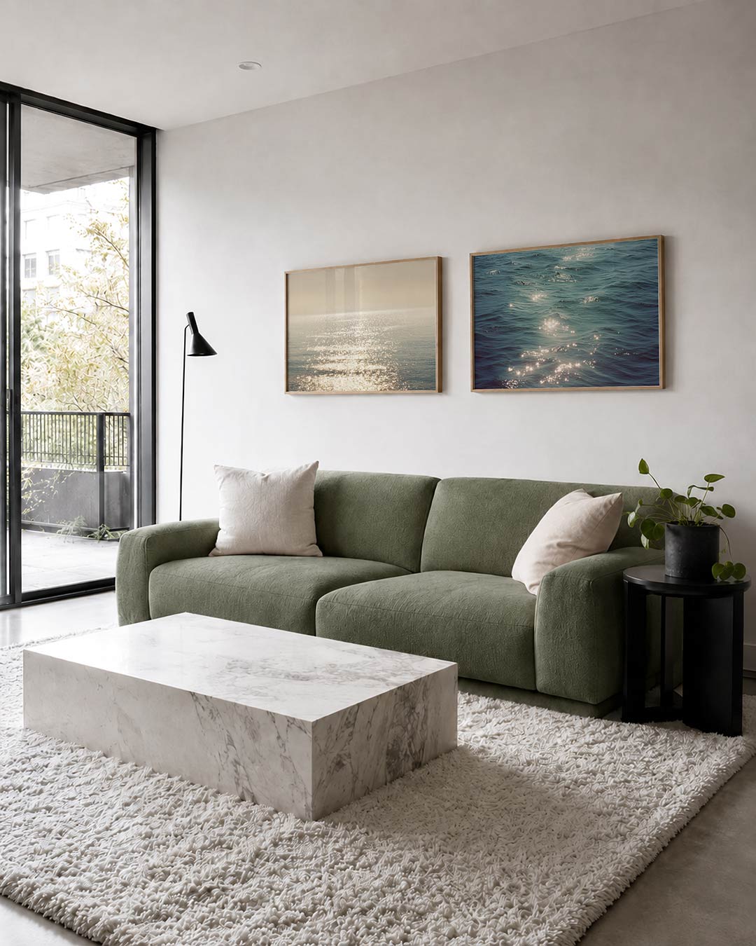 Tweedelige posterset met een zeeoppervlak met schitterende lichtreflecties, getoond in een interieur