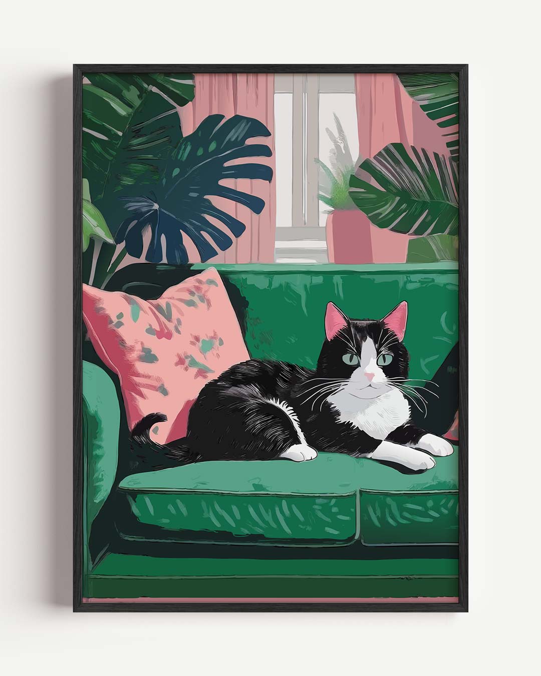 Kat op Groene Bank Poster-WallArtistic