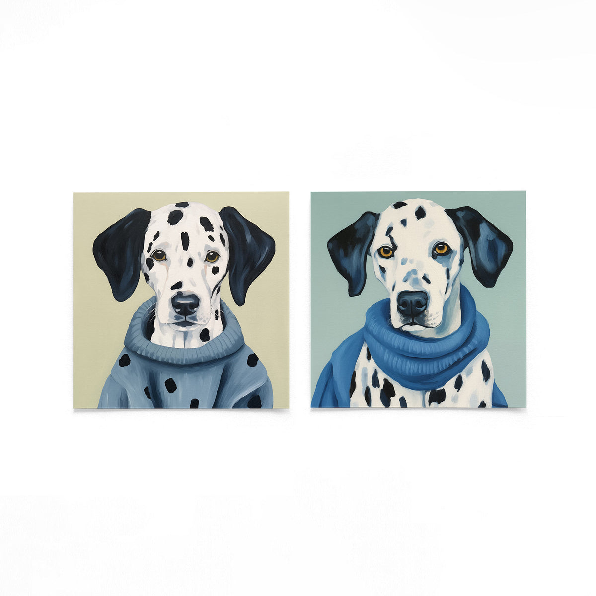 Twee vierkante posters met dalmatiër portretten op een gebroken witte achtergrond