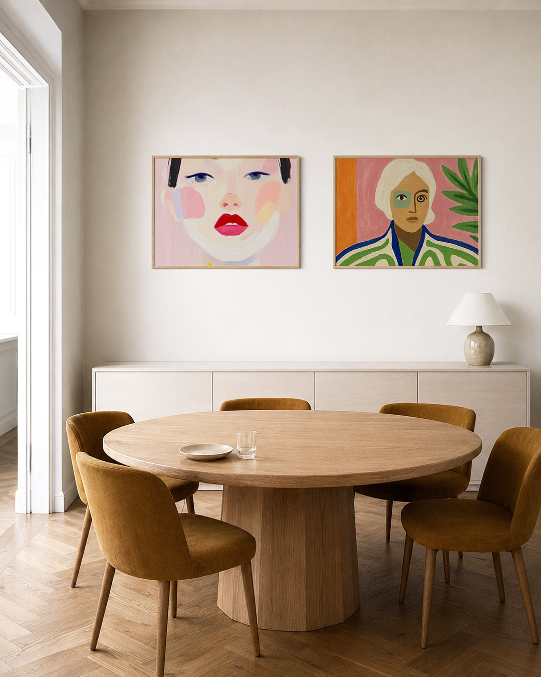 Interieurpresentatie van twee posters met een gezicht opgebouwd uit zachte kleurvlakken