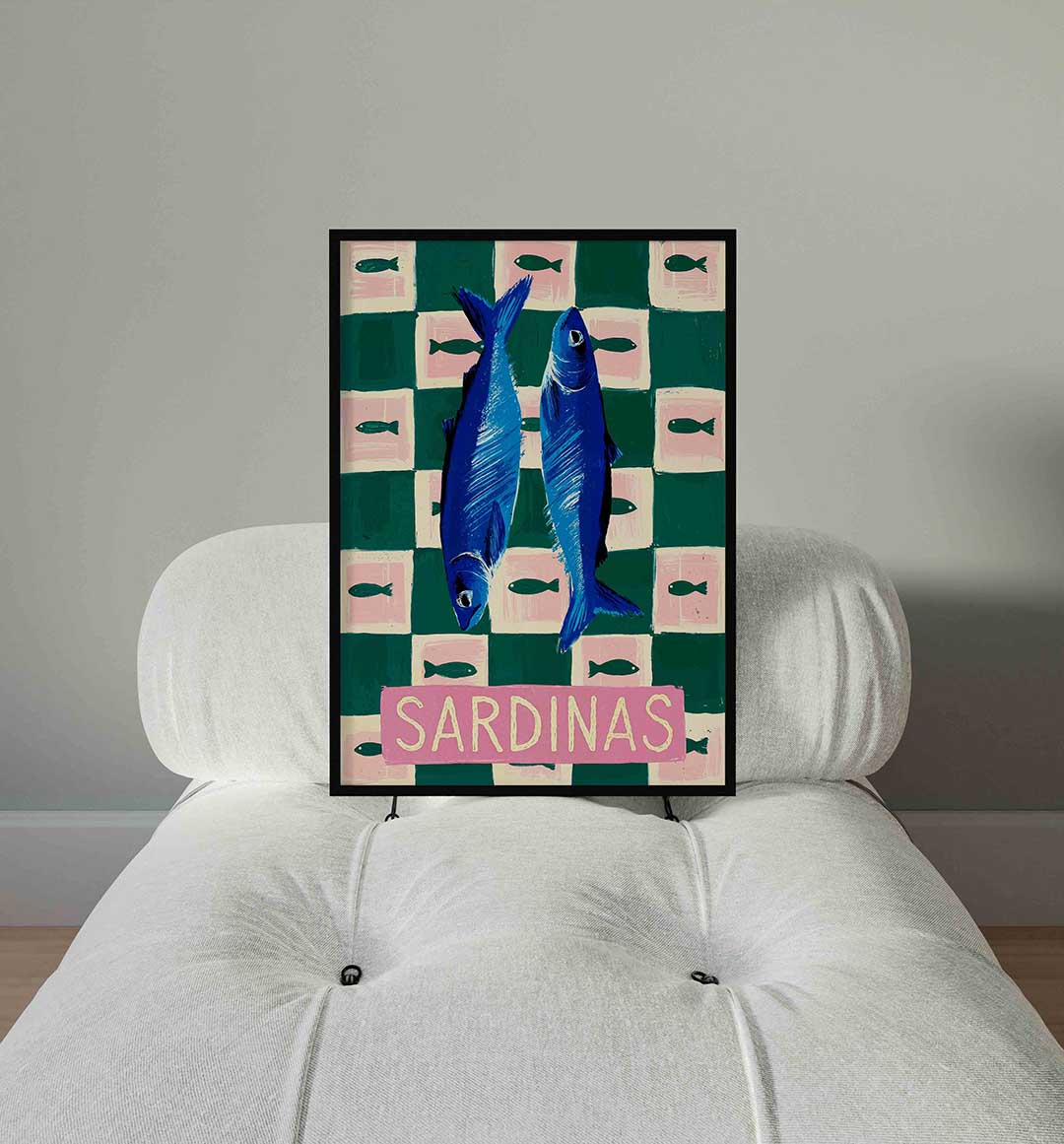 Sardines op geruite achtergrond Poster