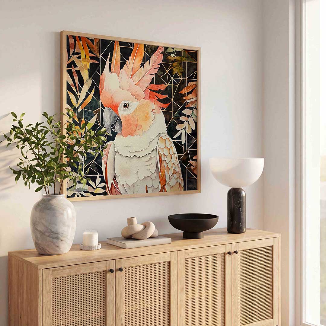 Papegaai met geometrische achtergrond Poster