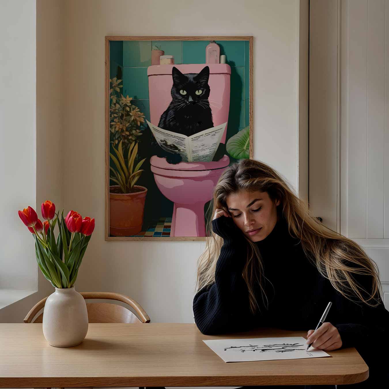 Kat op Toilet Poster-WallArtistic
