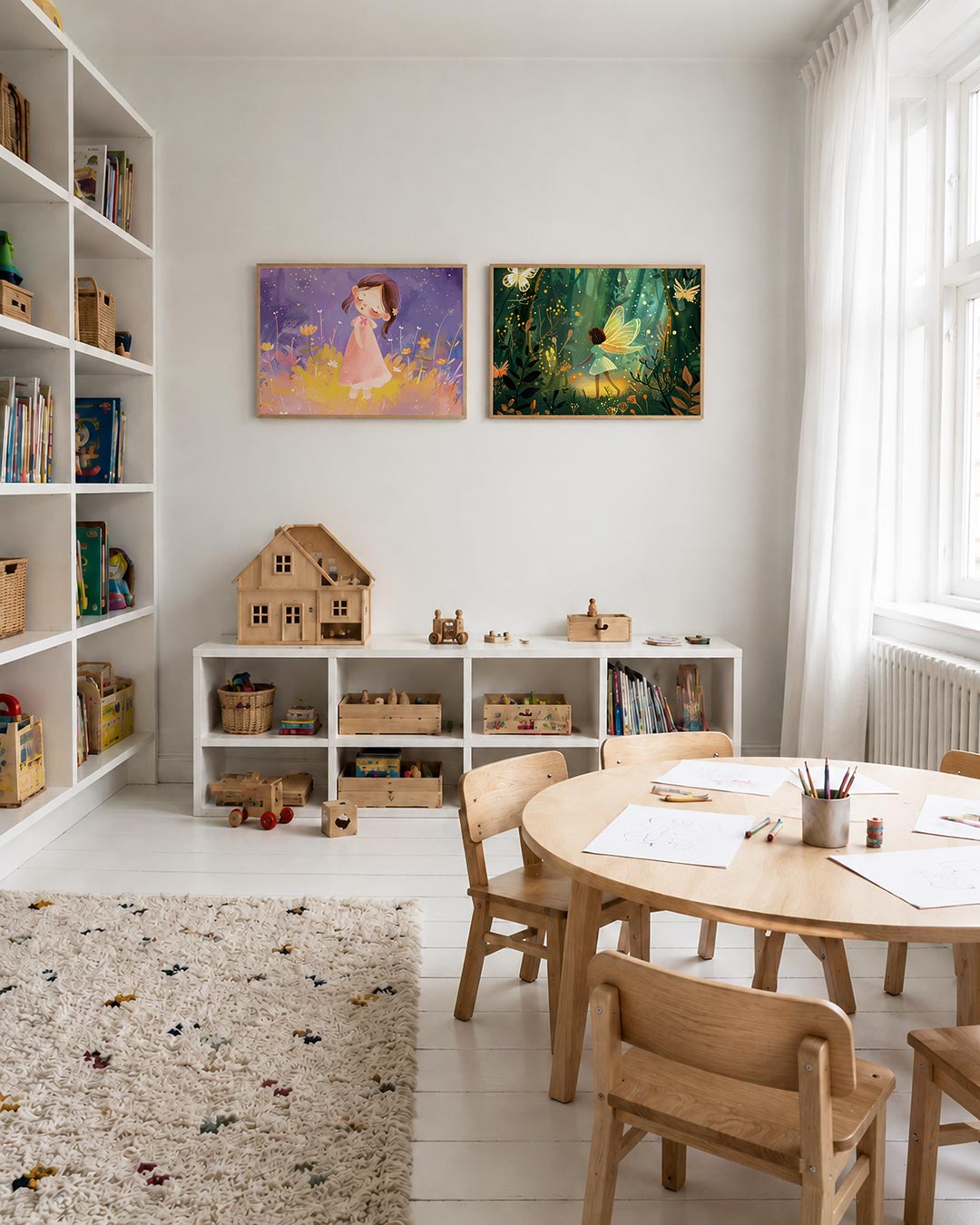 Tweedelige posterset met een meisje in een roze jurk tussen kleurrijke bloemen, getoond in een interieur