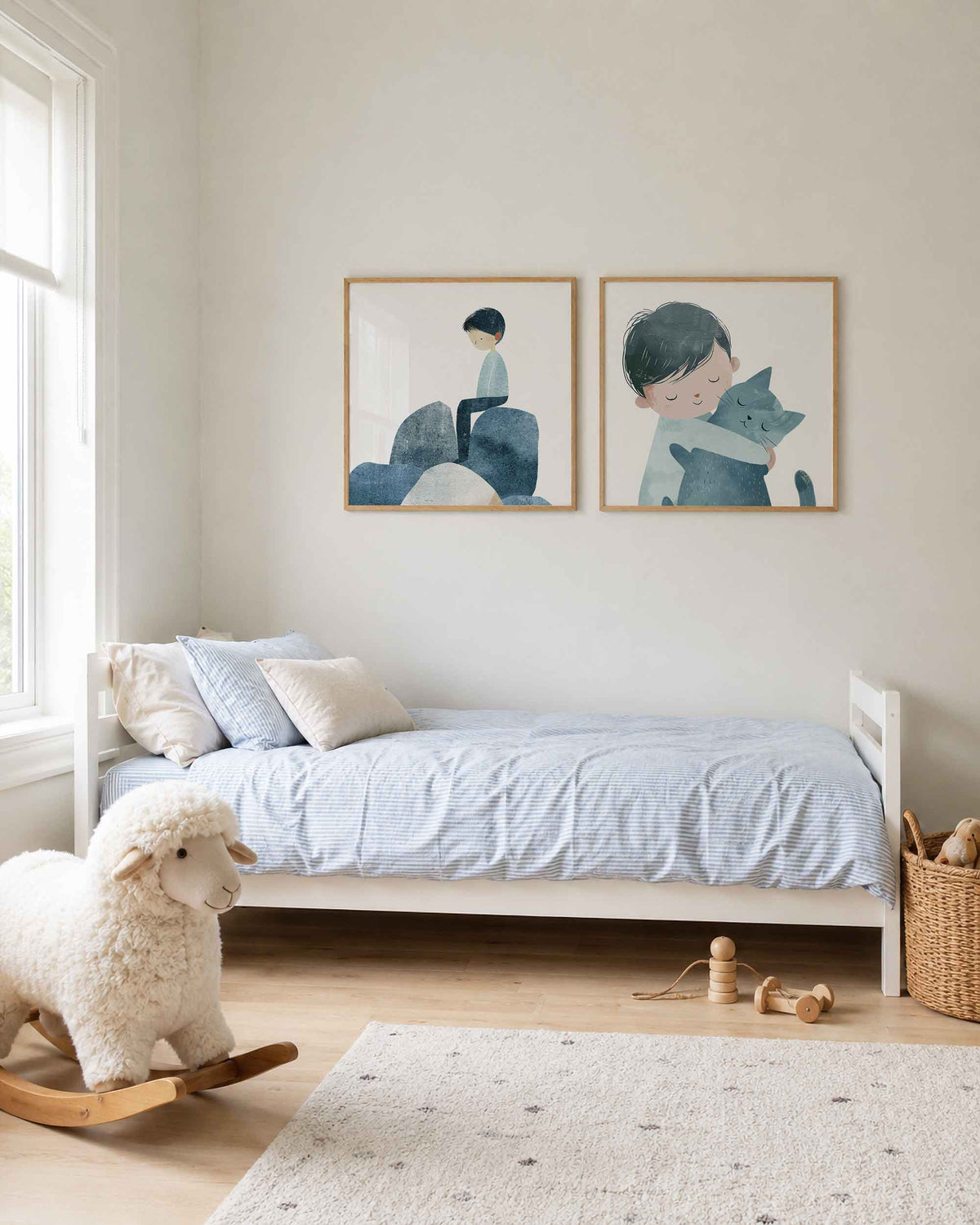 Interieurpresentatie van een tweedelige vierkante posterset met jongen en kat
