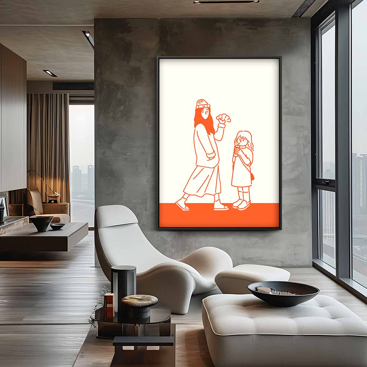 Vrolijke Wandeling in Oranje Kunstwerk-canvas-dibond-plexiglas-wanddecoratie-WallArtistic