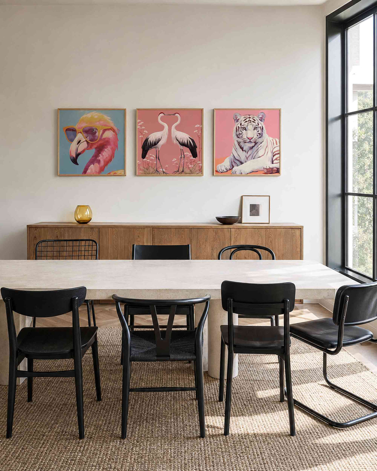 Interieurpresentatie van een driedelige vierkante posterset met dierenportretten