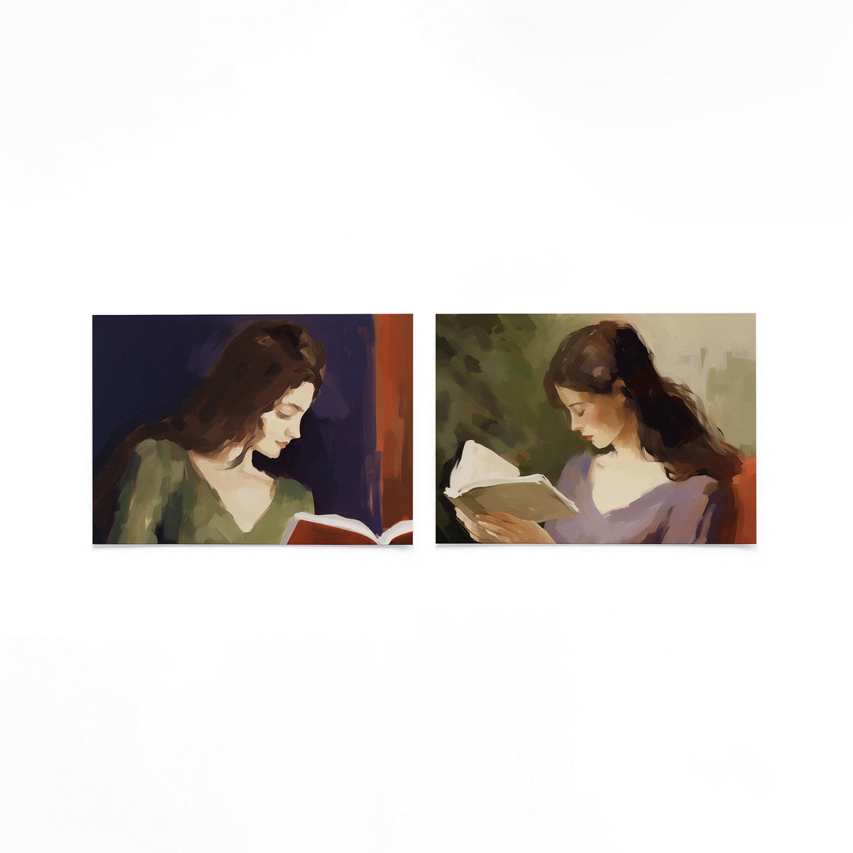 Twee liggende posters met een vrouw met een boek op een gebroken witte achtergrond