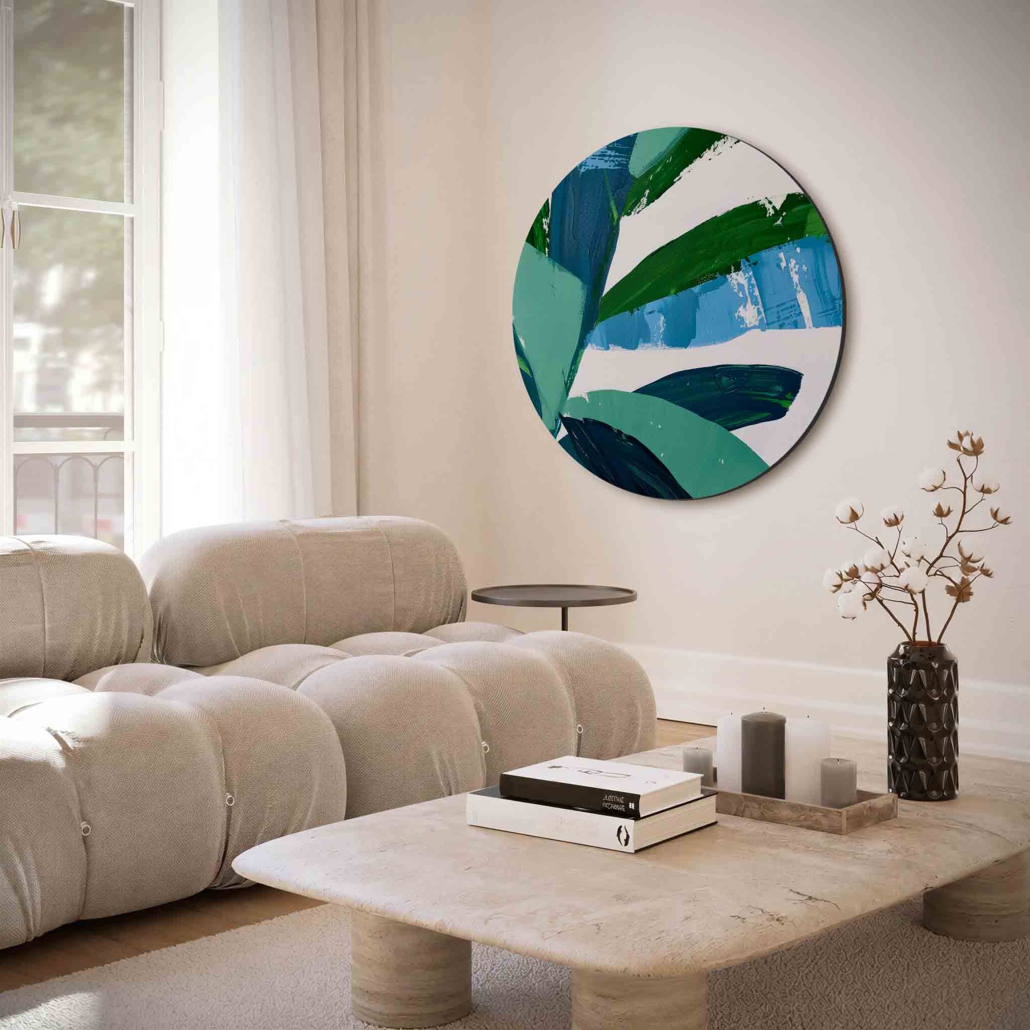 Blauwe en groene bladeren Muurcirkel