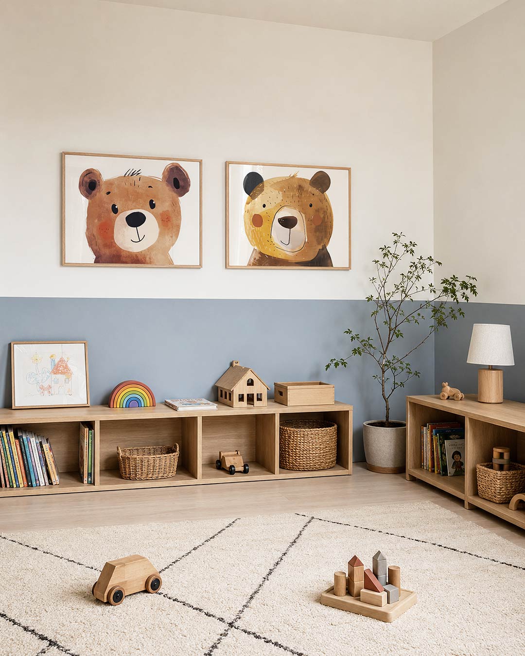 Twee liggende posters met donkere tinten en een rustige visuele opbouw, aan de muur in een interieur