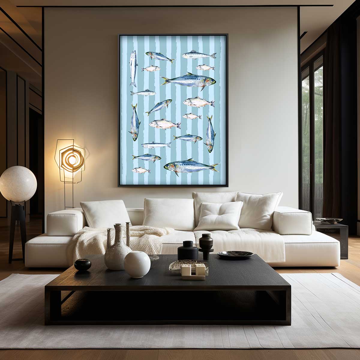 Vrolijke School Vissen op Streepjespatroon Kunstwerk-canvas-dibond-plexiglas-wanddecoratie-WallArtistic