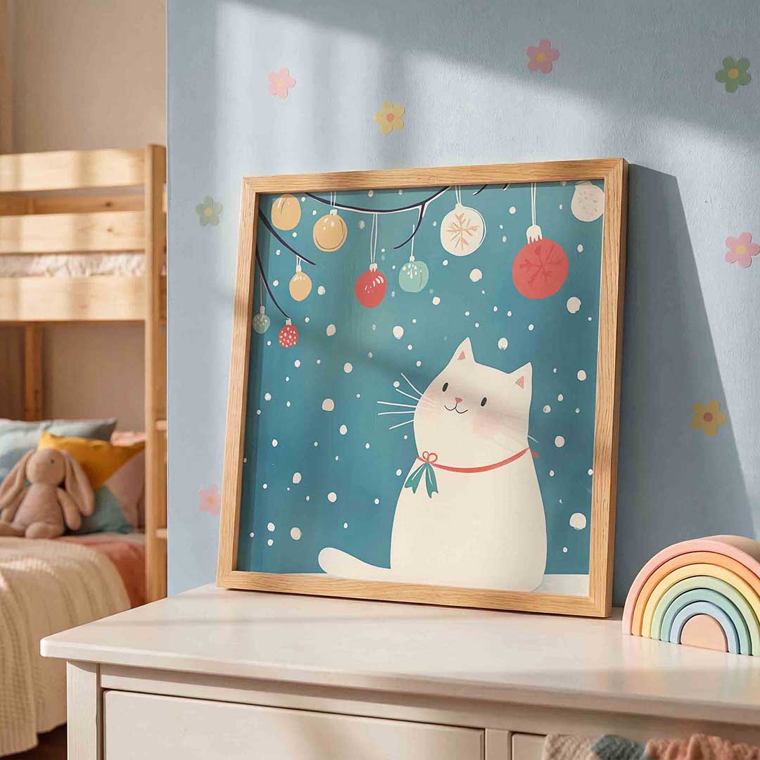Witte kat met kerstballen Poster