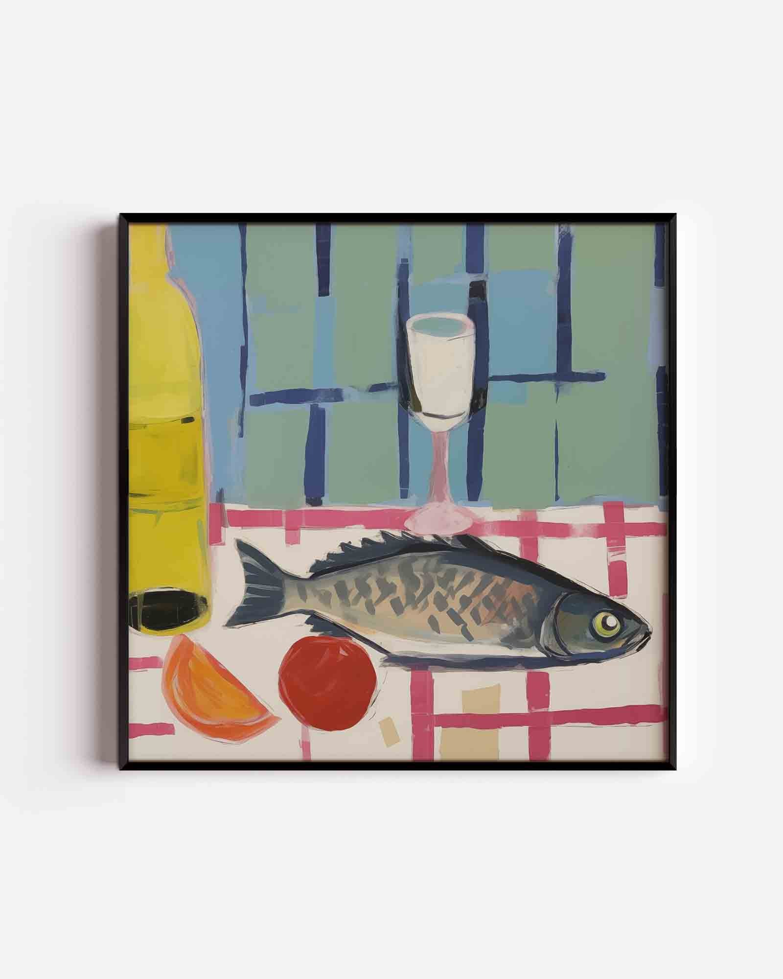 Vis en glas op tafel Poster