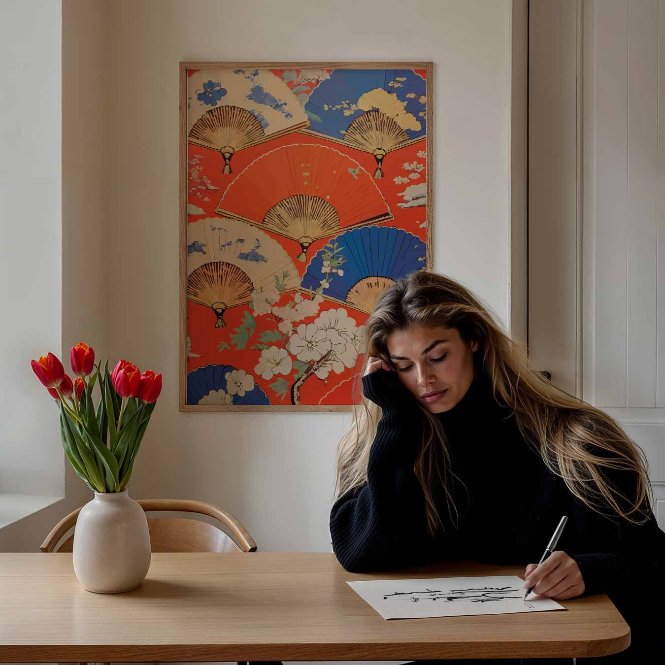 Kleurrijke Waaier en Bloemen Poster-WallArtistic