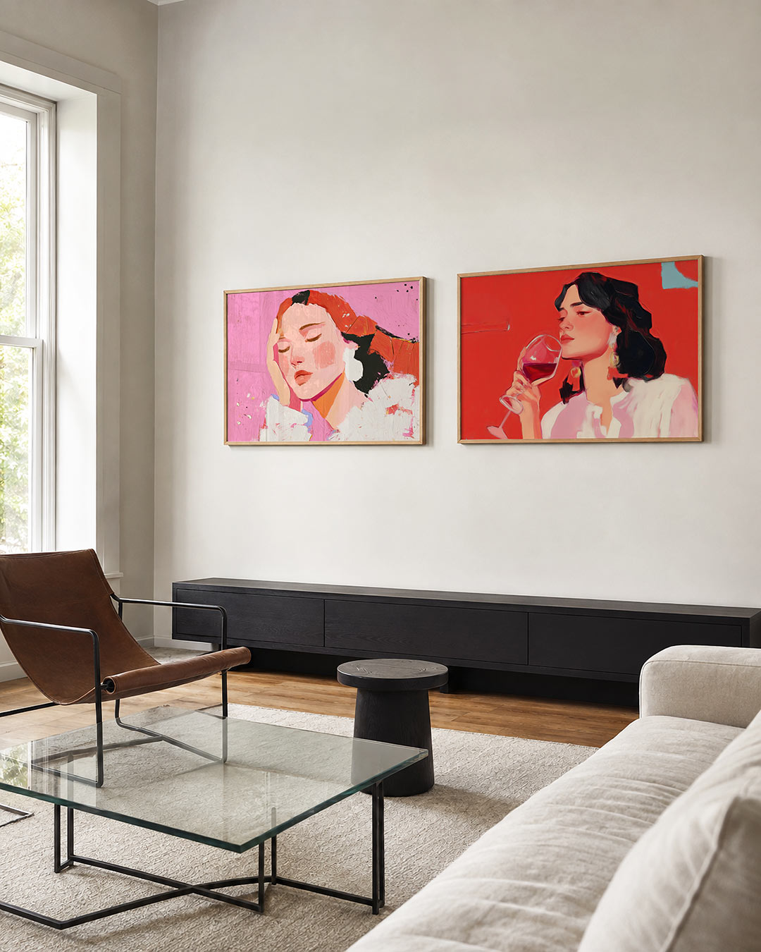 Tweedelige posterset met een zachte compositie van roze en oranje tinten met vloeiende lijnen, getoond in een interieur
