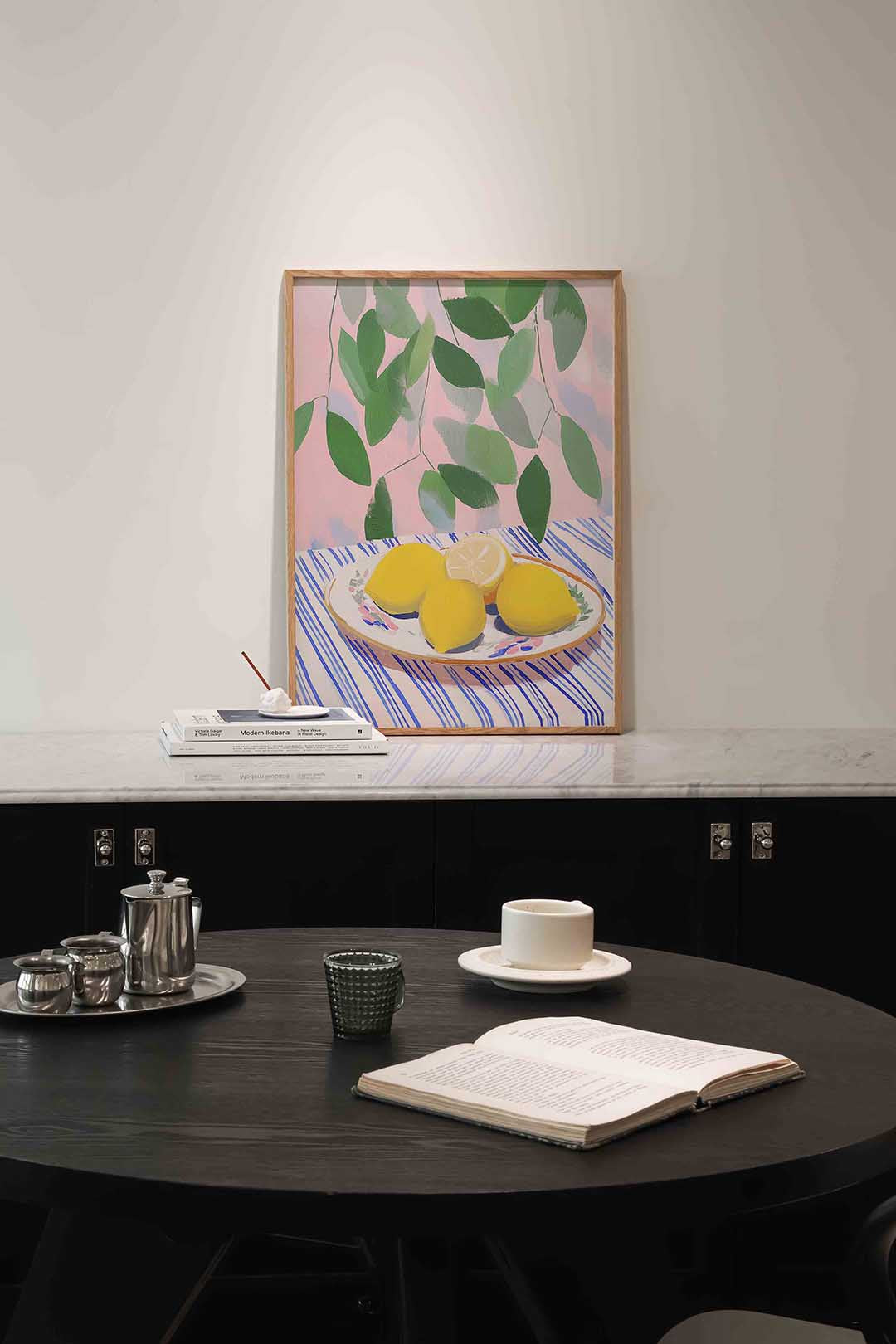 Citroenen op gestreept tafelkleed Poster
